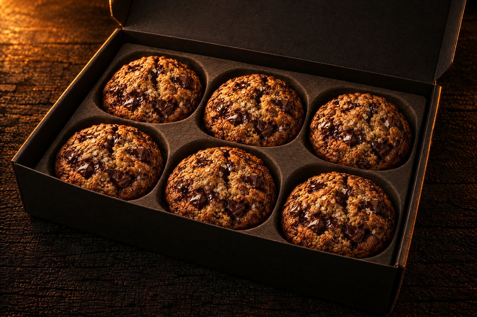 Die offene SPLIT Box: sechs Cookies, jeder in einer eigenen Mulde