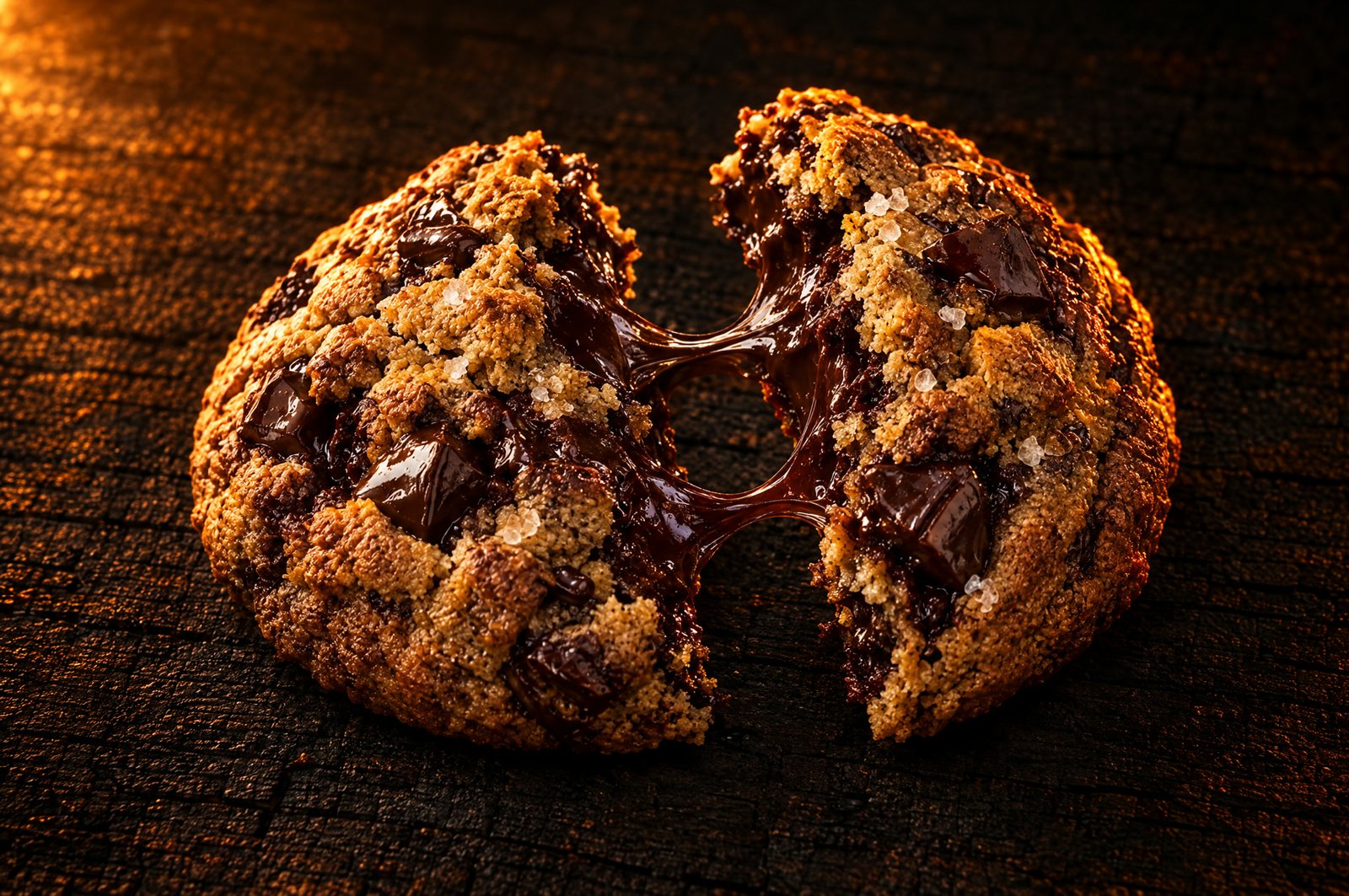 Ein aufgebrochener SPLIT Cookie der Sorte Dunkel mit fließender Schokolade