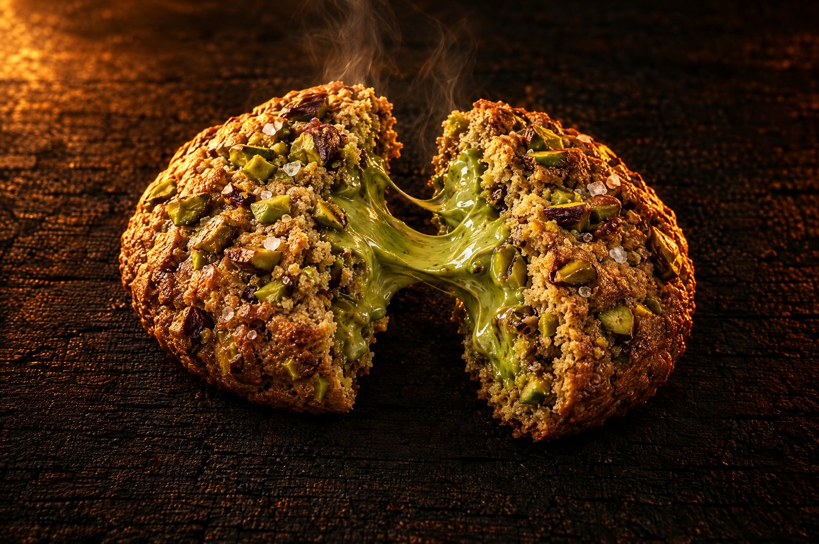 Ein aufgebrochener SPLIT Cookie der Sorte Pistazie mit grüner Pistaziencreme
