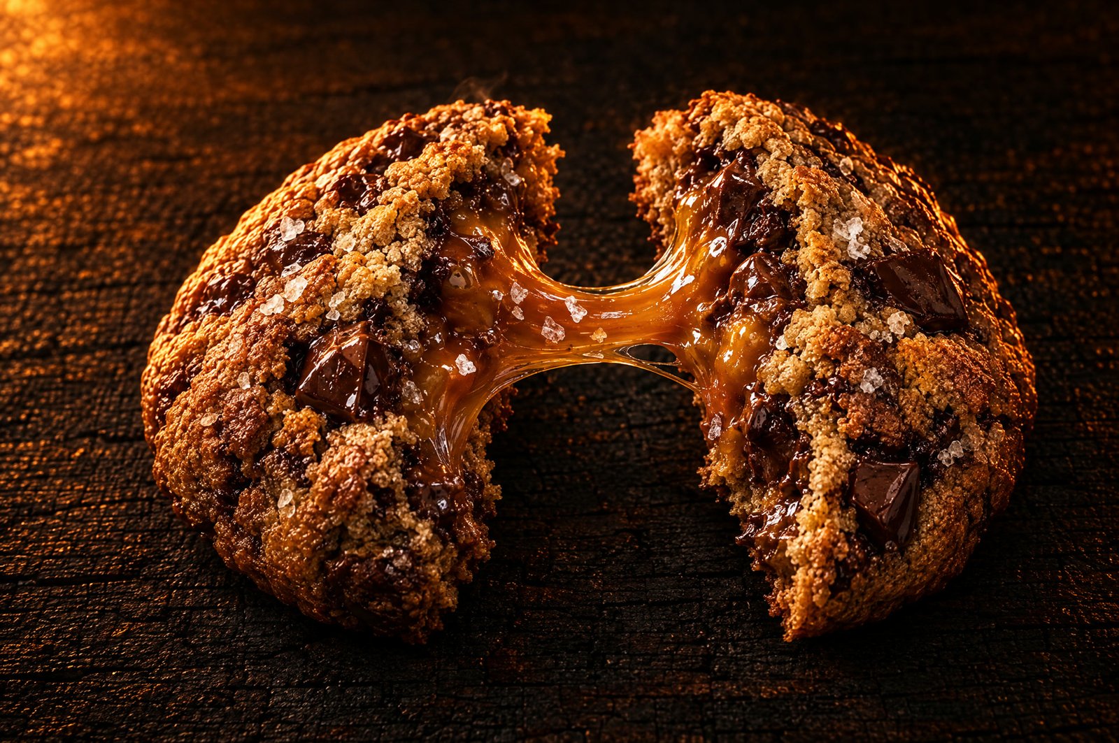 Ein aufgebrochener SPLIT Cookie der Sorte Salz mit gesalzenem Karamell
